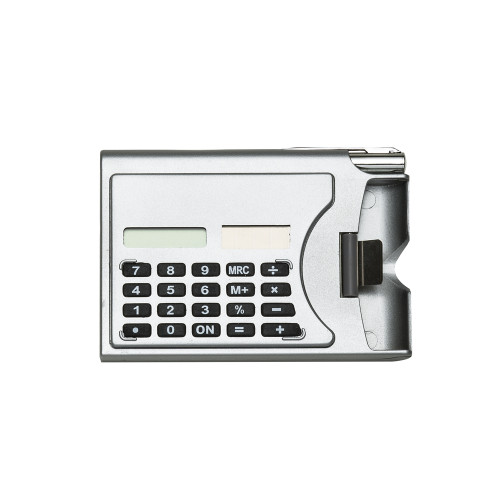 Calculadora plástica de 8 dígitos com porta cartão lateral.