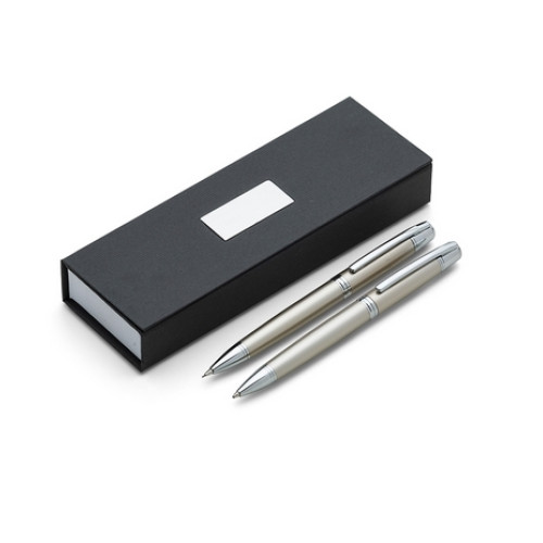 Conjunto caneta e lapiseira em estojo de cartonagem com placa central para personalização